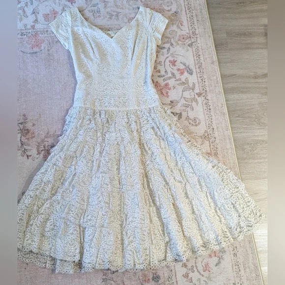Vintage white lace dress 50s 60s ruffled wedding dropwaist - Picture 4 of 10